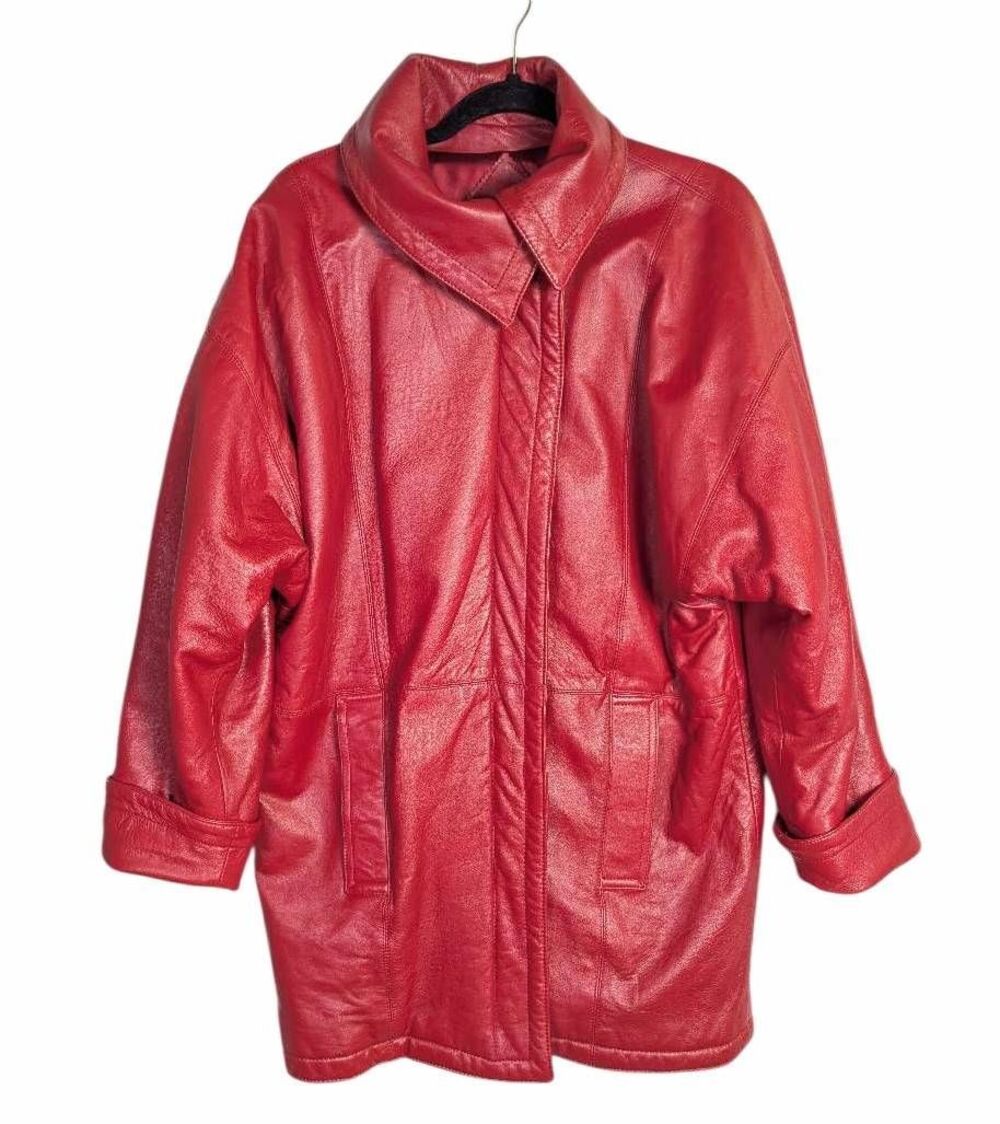 Vintage 90s red leather car coat jacket cuffed collared dolman sleeve womens M/L